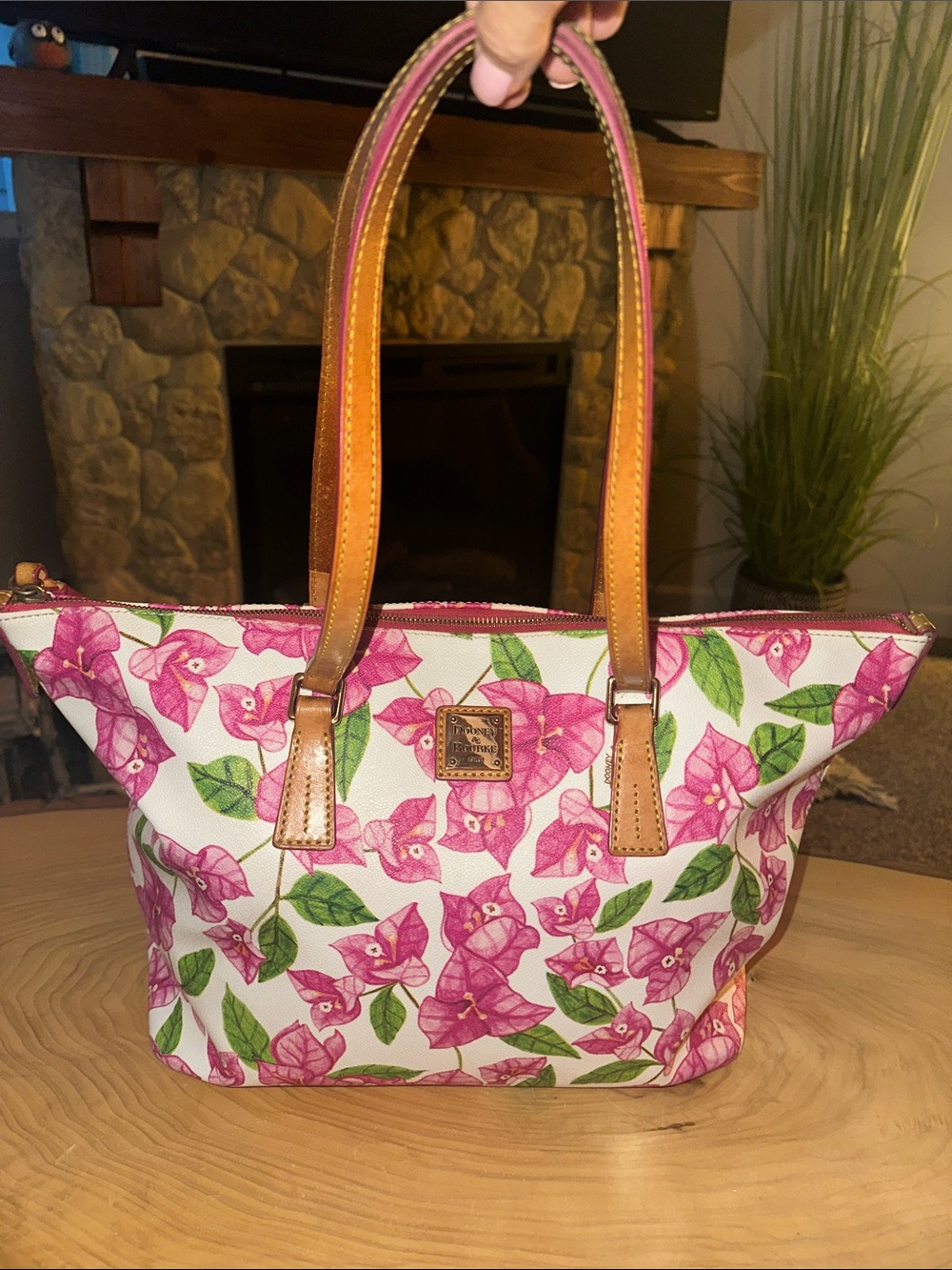 Dooney & Bourke Pink Floral Canvas Tote with Tan Leather Trim